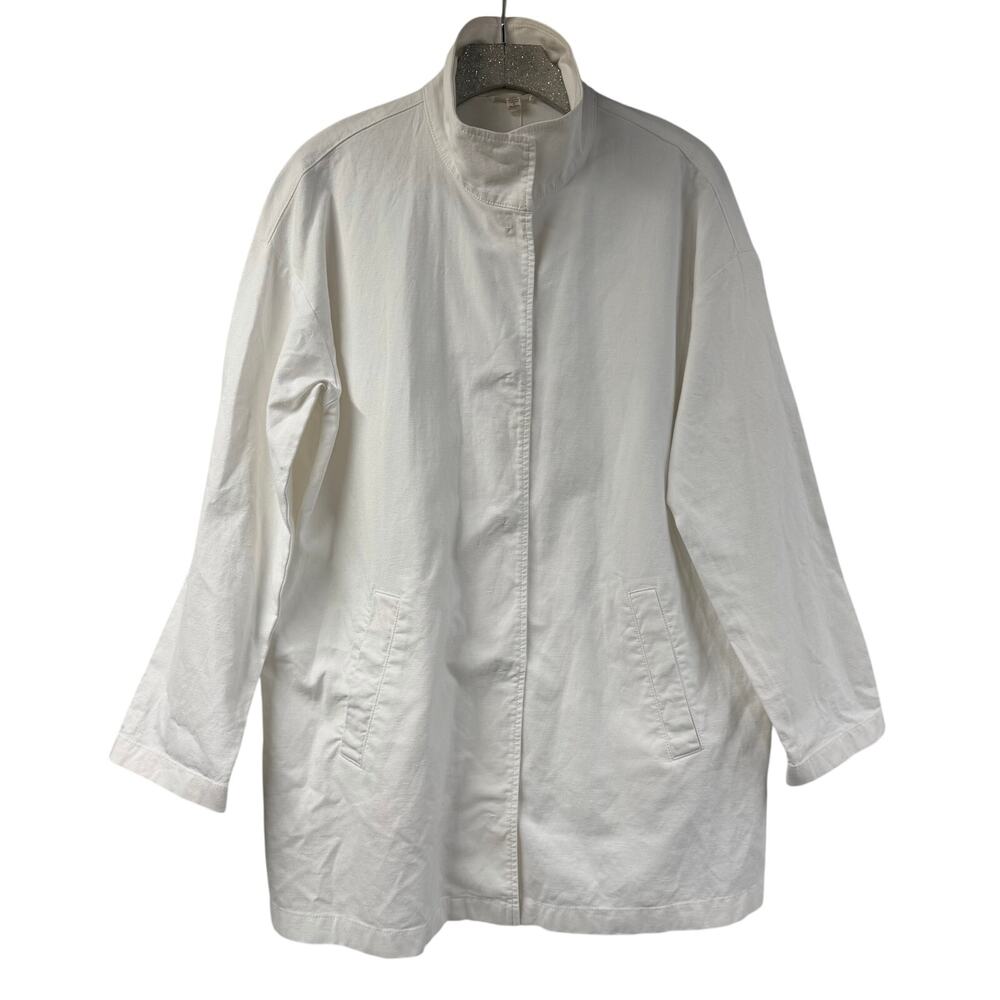 Eileen Fisher White Jacket Snap Close Collar S Chore Longline OrganicCotton Hemp